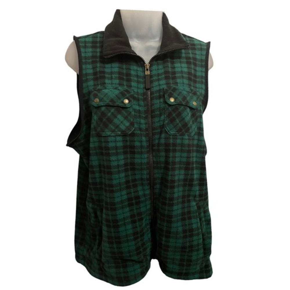Chaps  Green Black Plaid Sleeveless Fleece Vest Jacket 1X